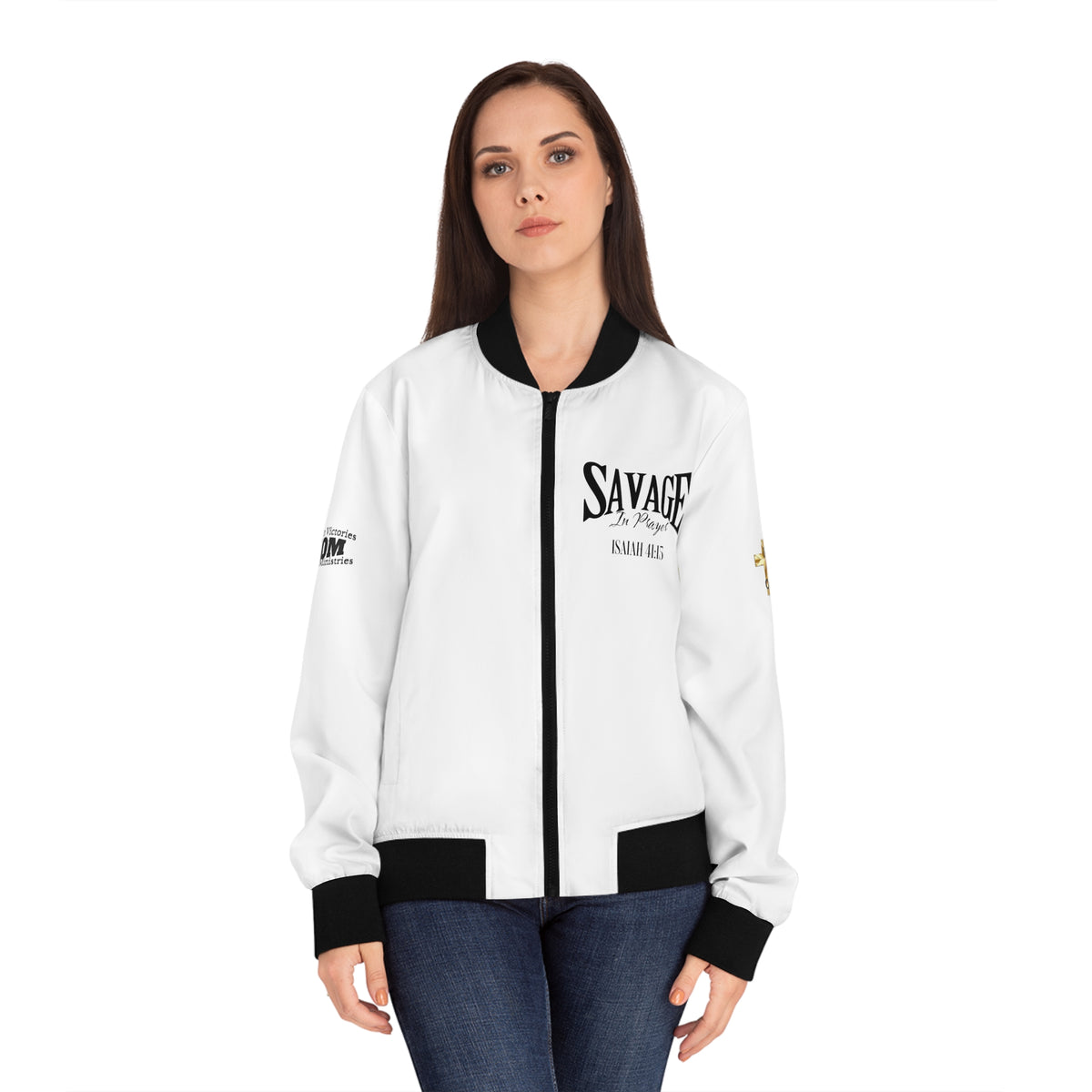 Savage in Prayer Women's Bomber Jacket, White