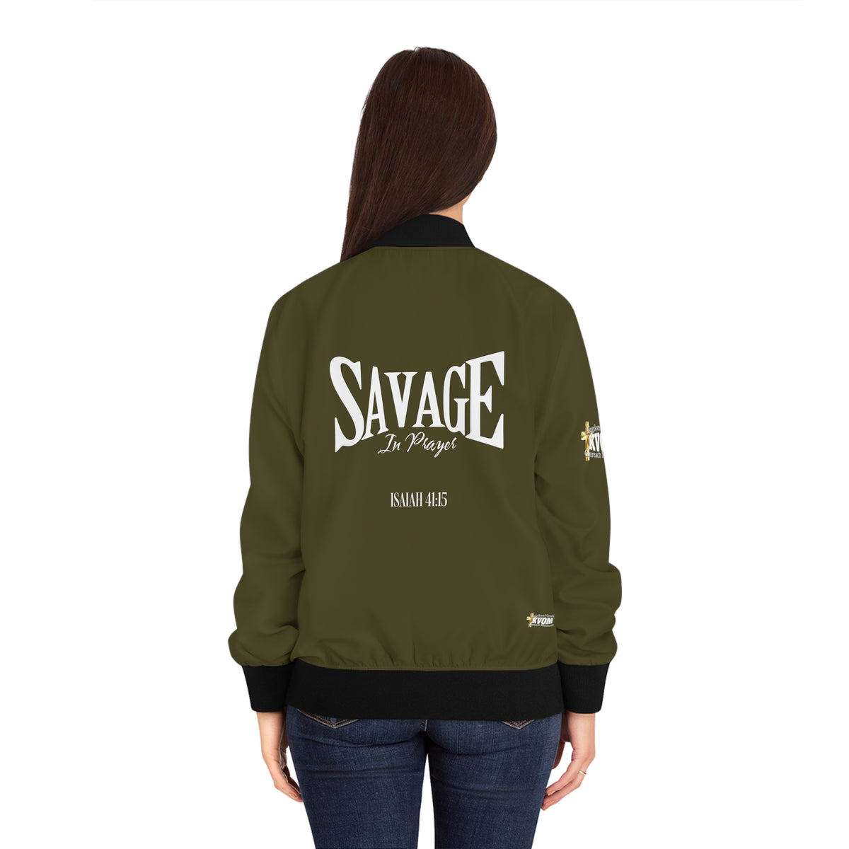 Savage in Prayer Women's Bomber Jacket, Militant Green