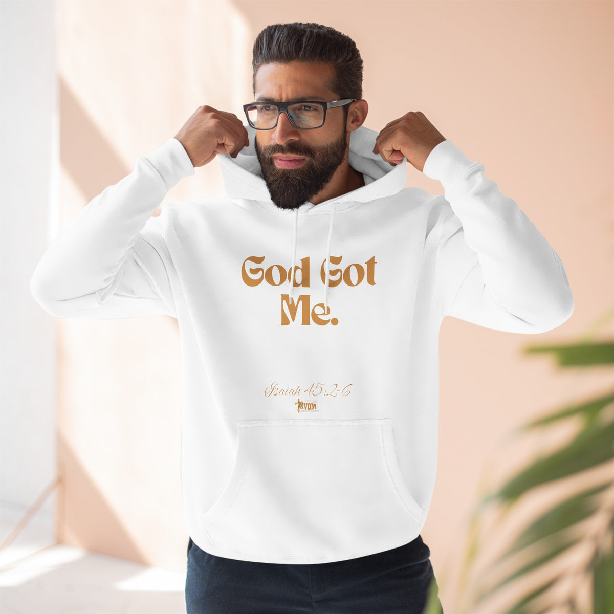 God Got Me Three-Panel Fleece Hoodie: Black, White, Gold Print