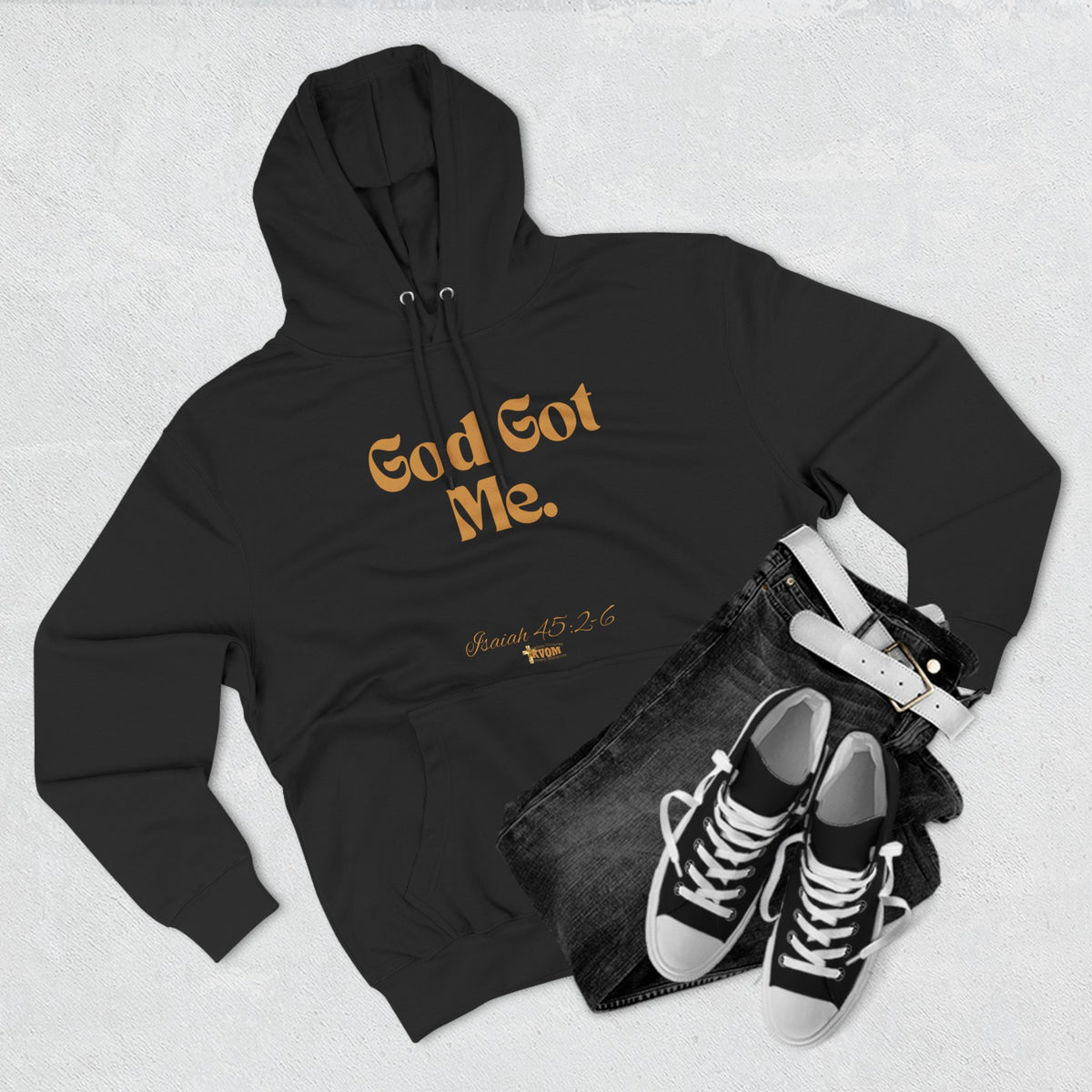 God Got Me Three-Panel Fleece Hoodie: Black, White, Gold Print