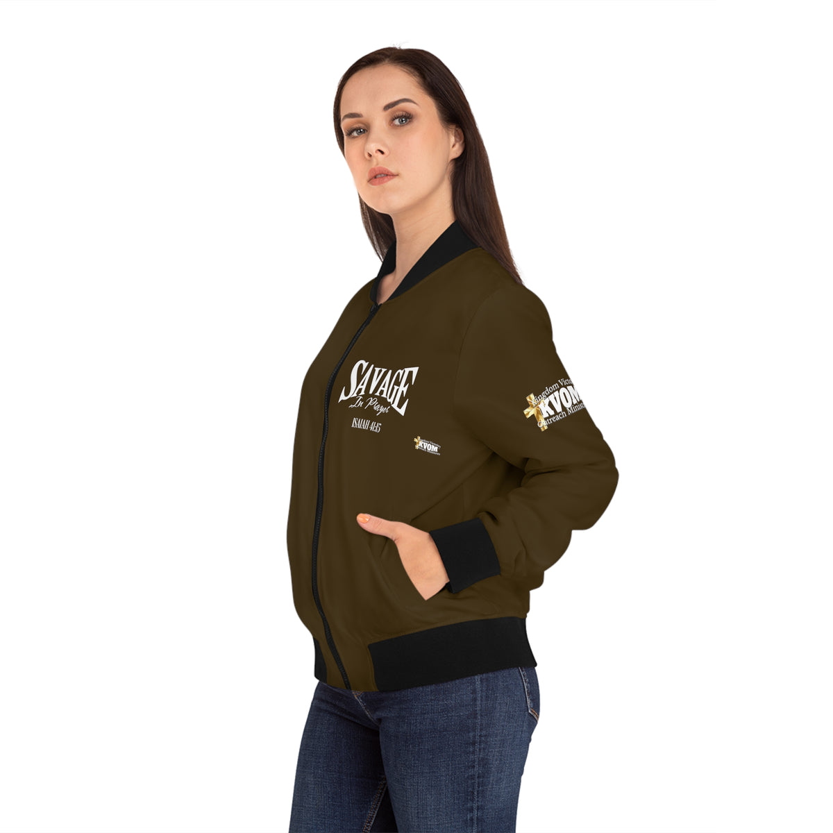 Savage in Prayer Women's Bomber Jacket, Brown