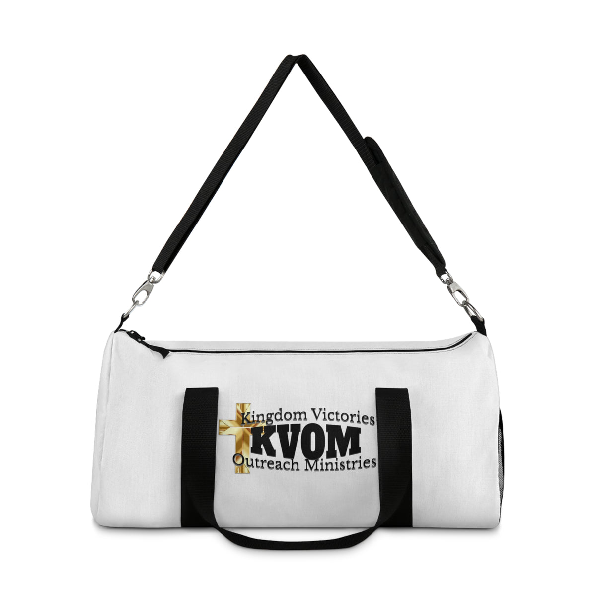 KVOM Logo Duffel Bag, White, Black Logo