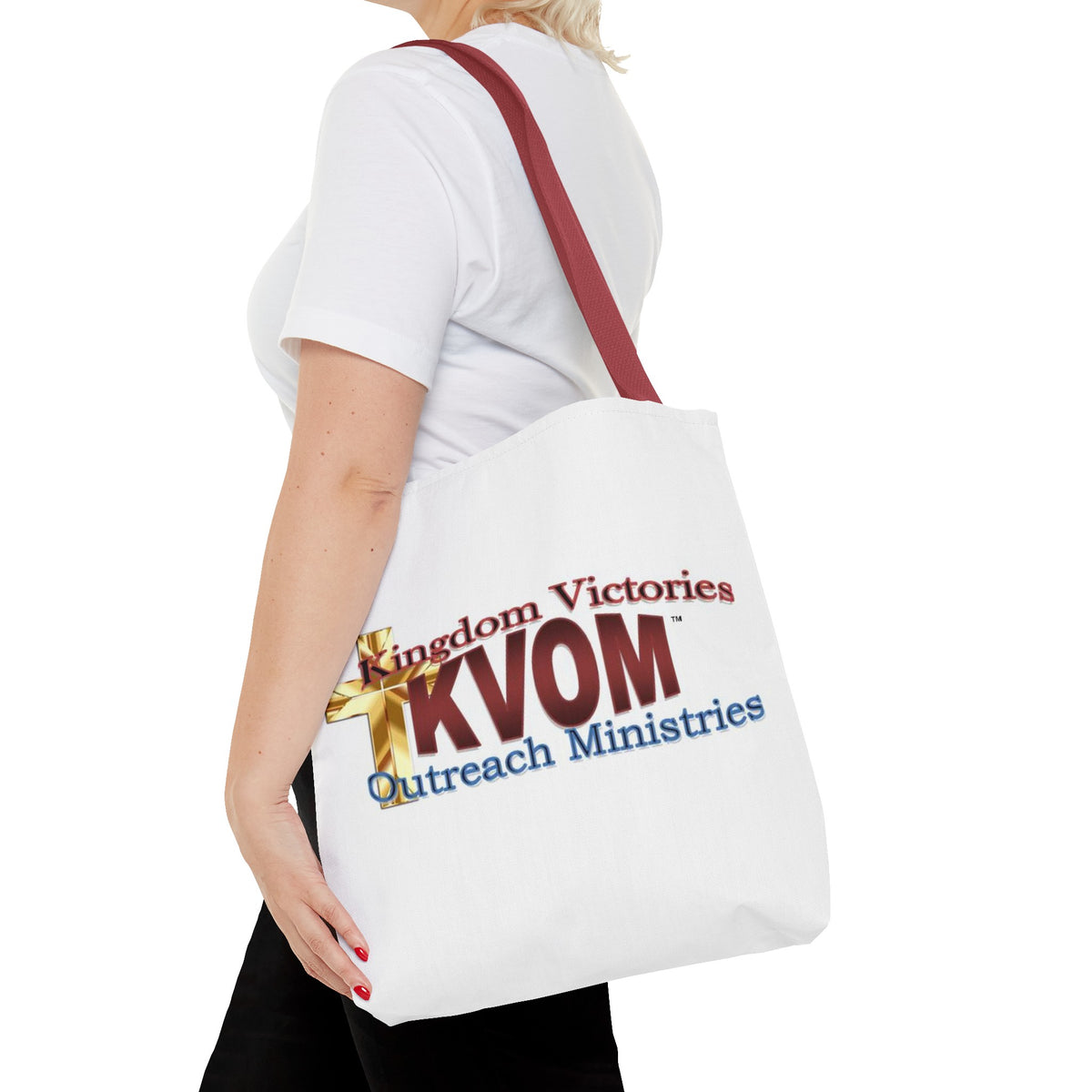 KVOM Logo Tote Bag, White, Maroon Logo