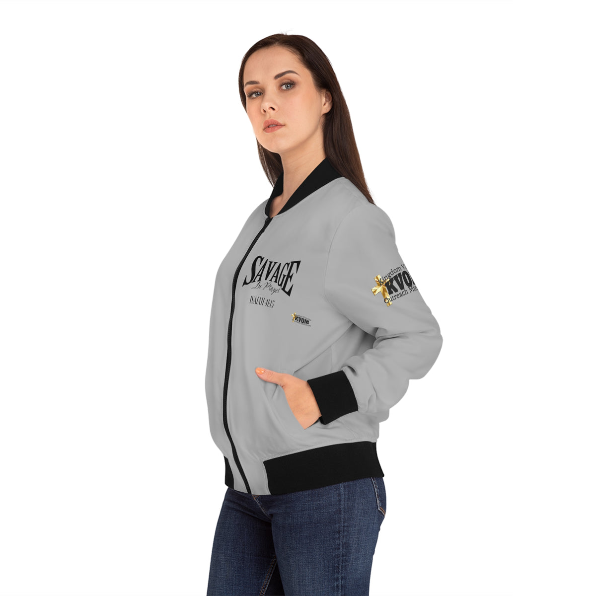 Savage in Prayer Women's Bomber Jacket, Silver