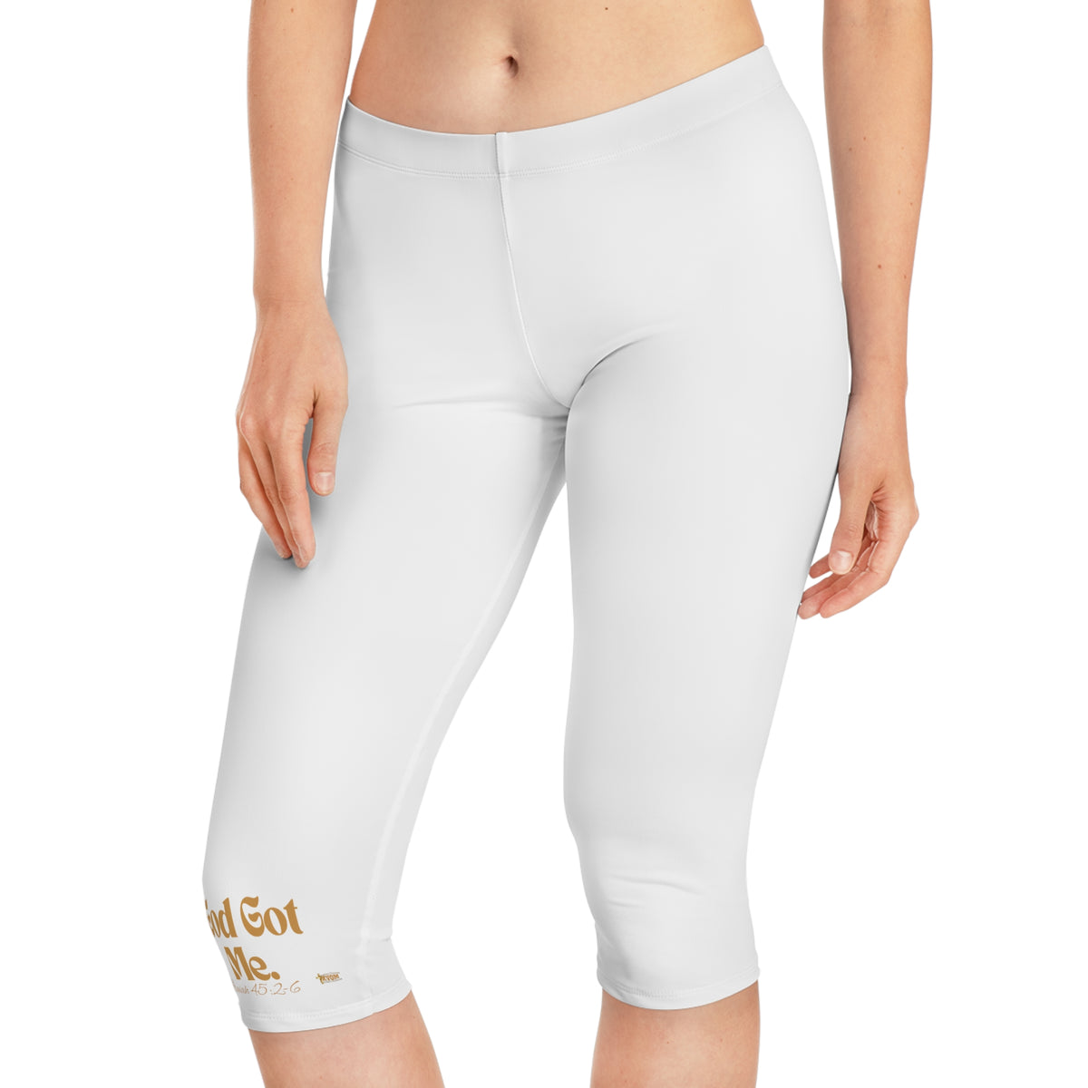 God Got Me Women's Mid-Length Leggings, White, Gold Logo