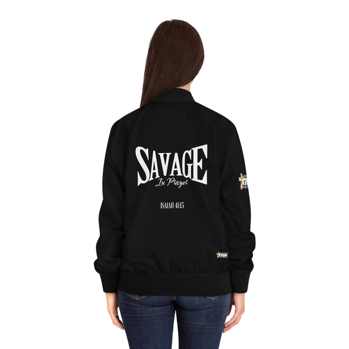 Savage in Prayer Women's Bomber Jacket, Black