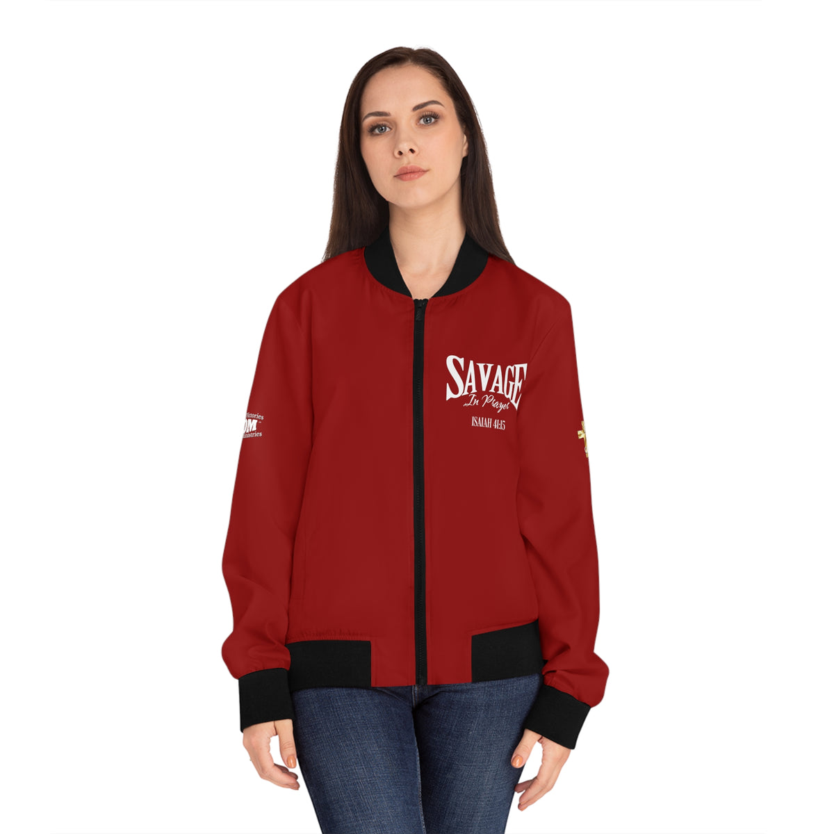 Savage in Prayer Women's Bomber Jacket, Blood Red