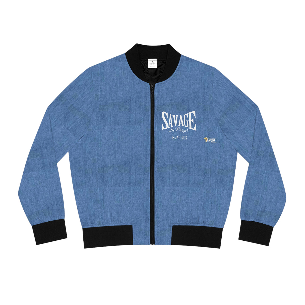 Savage in Prayer Women's Bomber Jacket, Mid Blue Denim