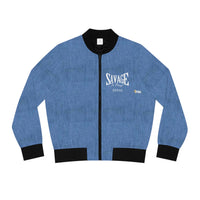 Savage in Prayer Women's Bomber Jacket, Mid Blue Denim