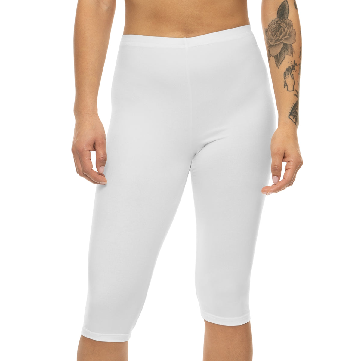 Women’s Mid-Length Leggings, White, Black KVOM Logo