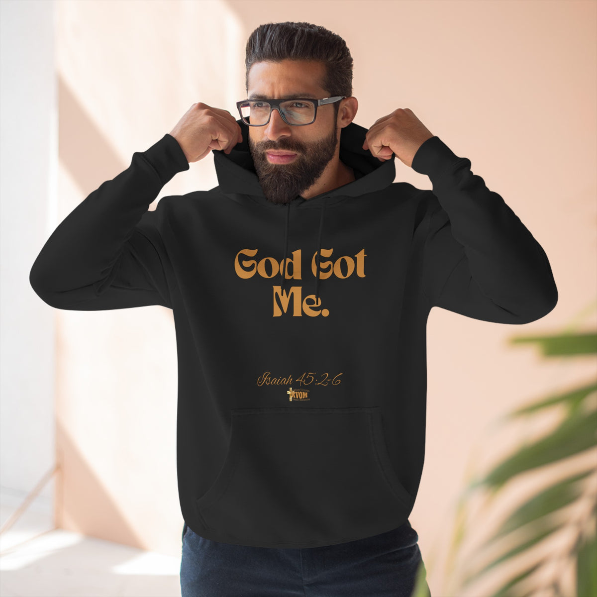 God Got Me Three-Panel Fleece Hoodie: Black, White, Gold Print