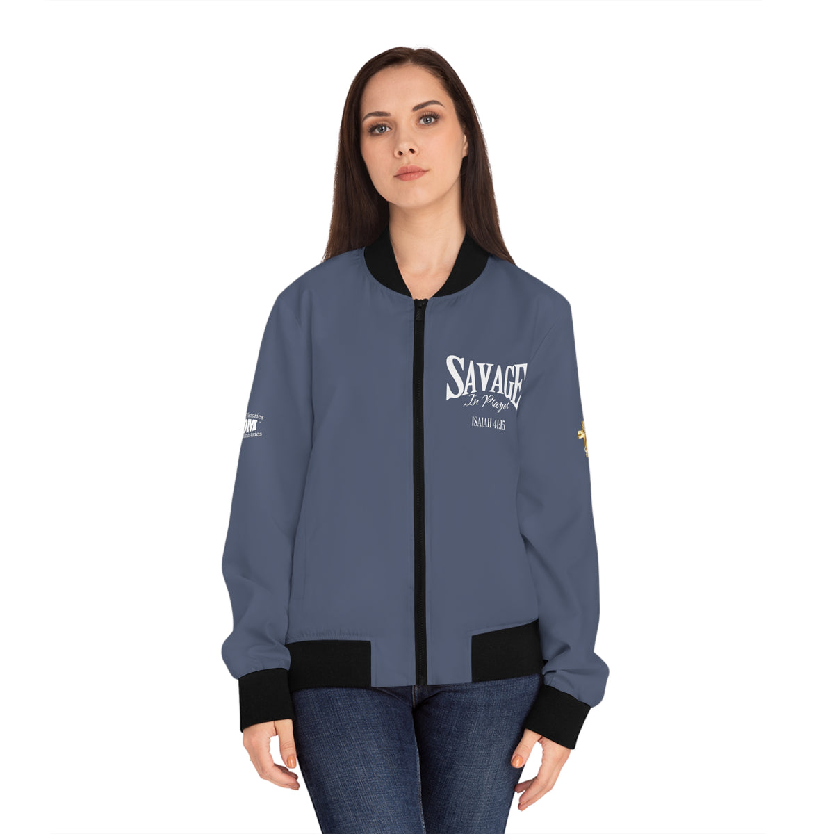 Savage in Prayer Women's Bomber Jacket, Indigo