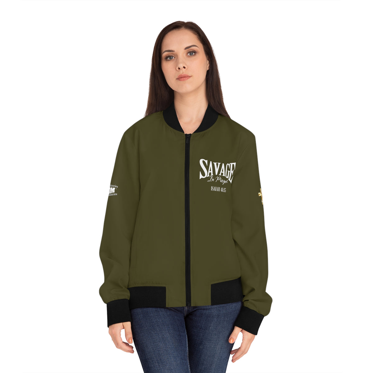 Savage in Prayer Women's Bomber Jacket, Militant Green