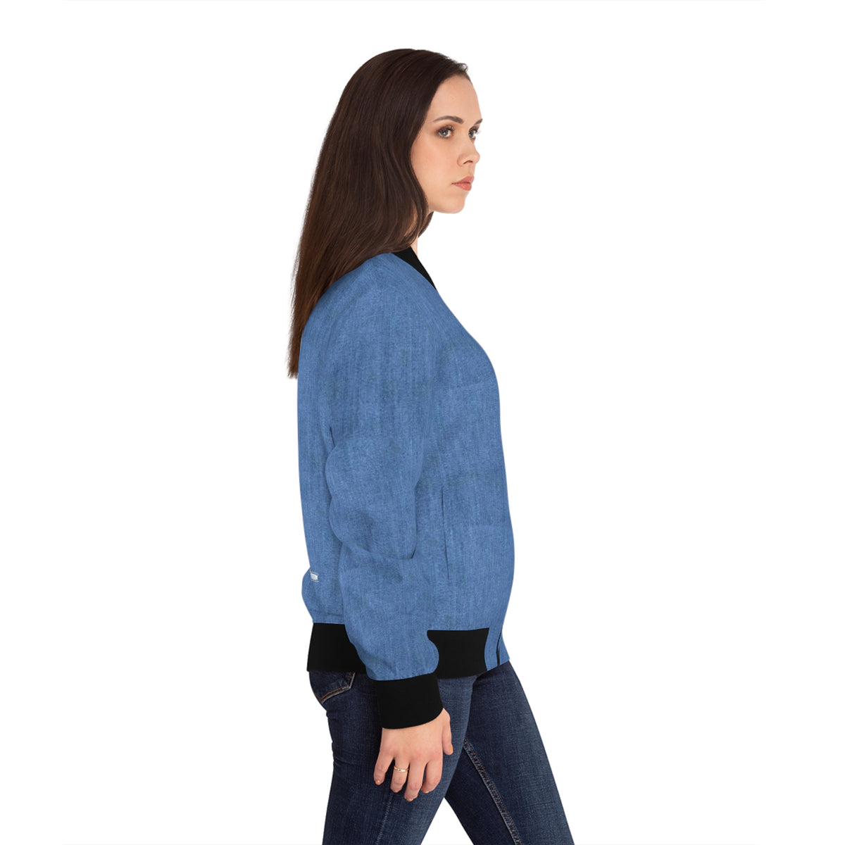 Savage in Prayer Women's Bomber Jacket, Mid Blue Denim