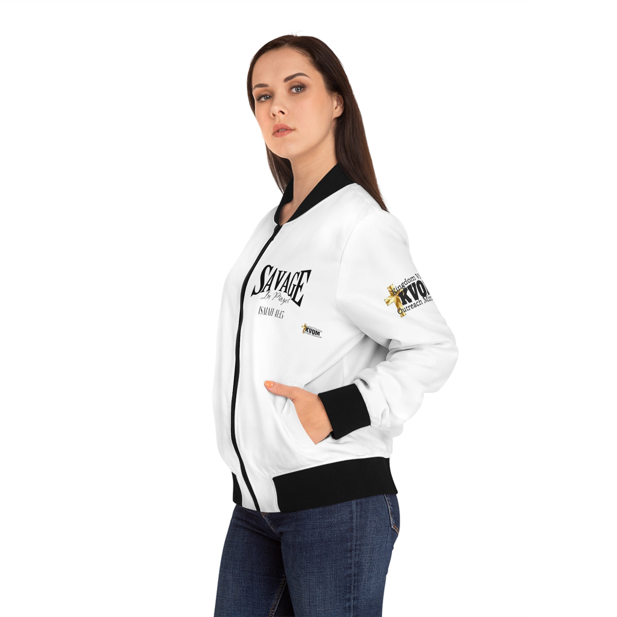 Savage in Prayer Women's Bomber Jacket, White