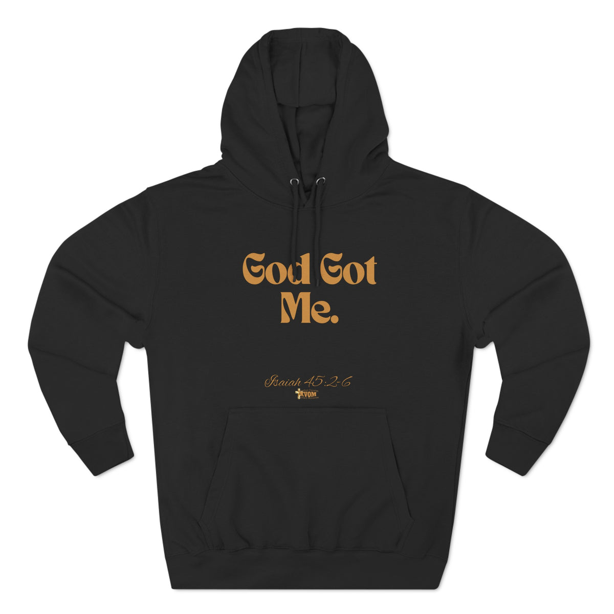 God Got Me Three-Panel Fleece Hoodie: Black, White, Gold Print