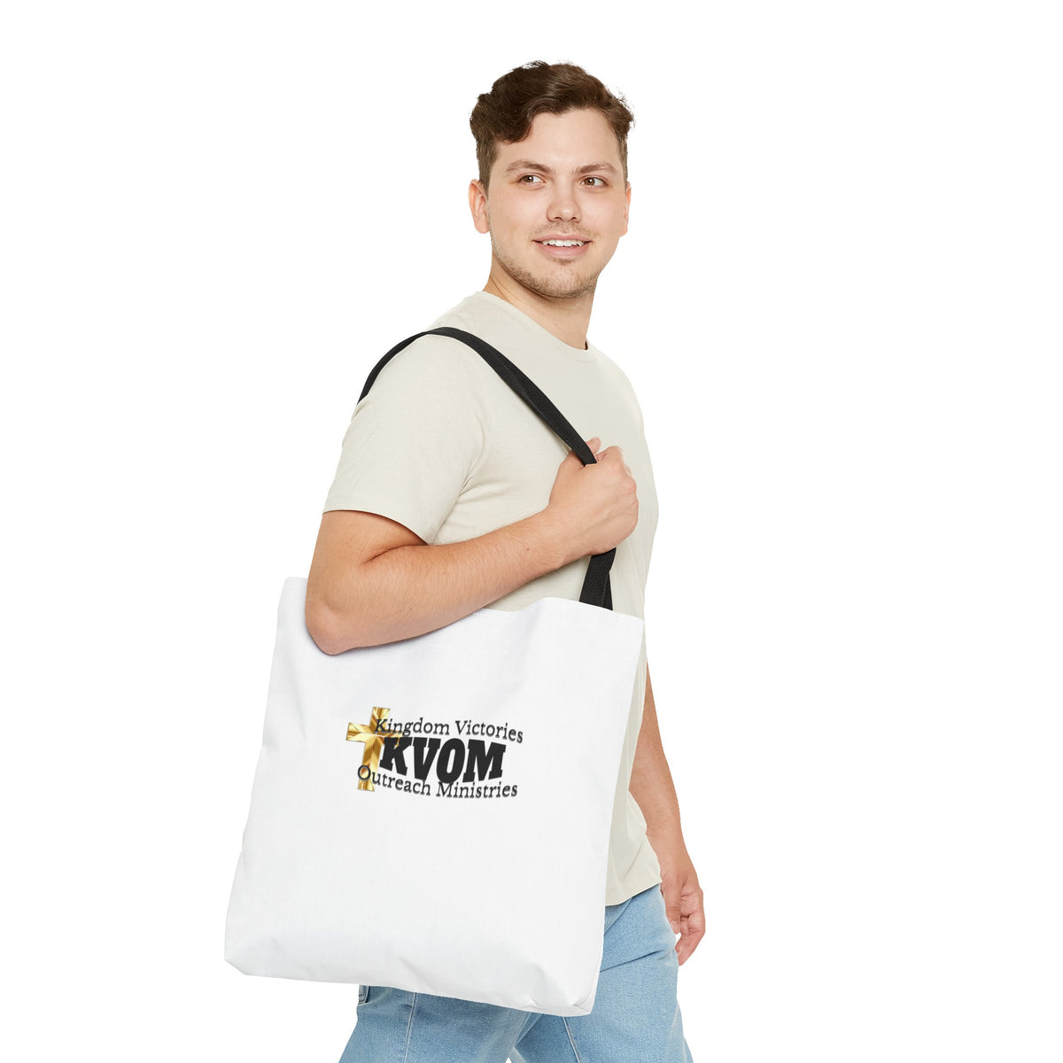 KVOM Logo Tote Bag, White, Black Logo