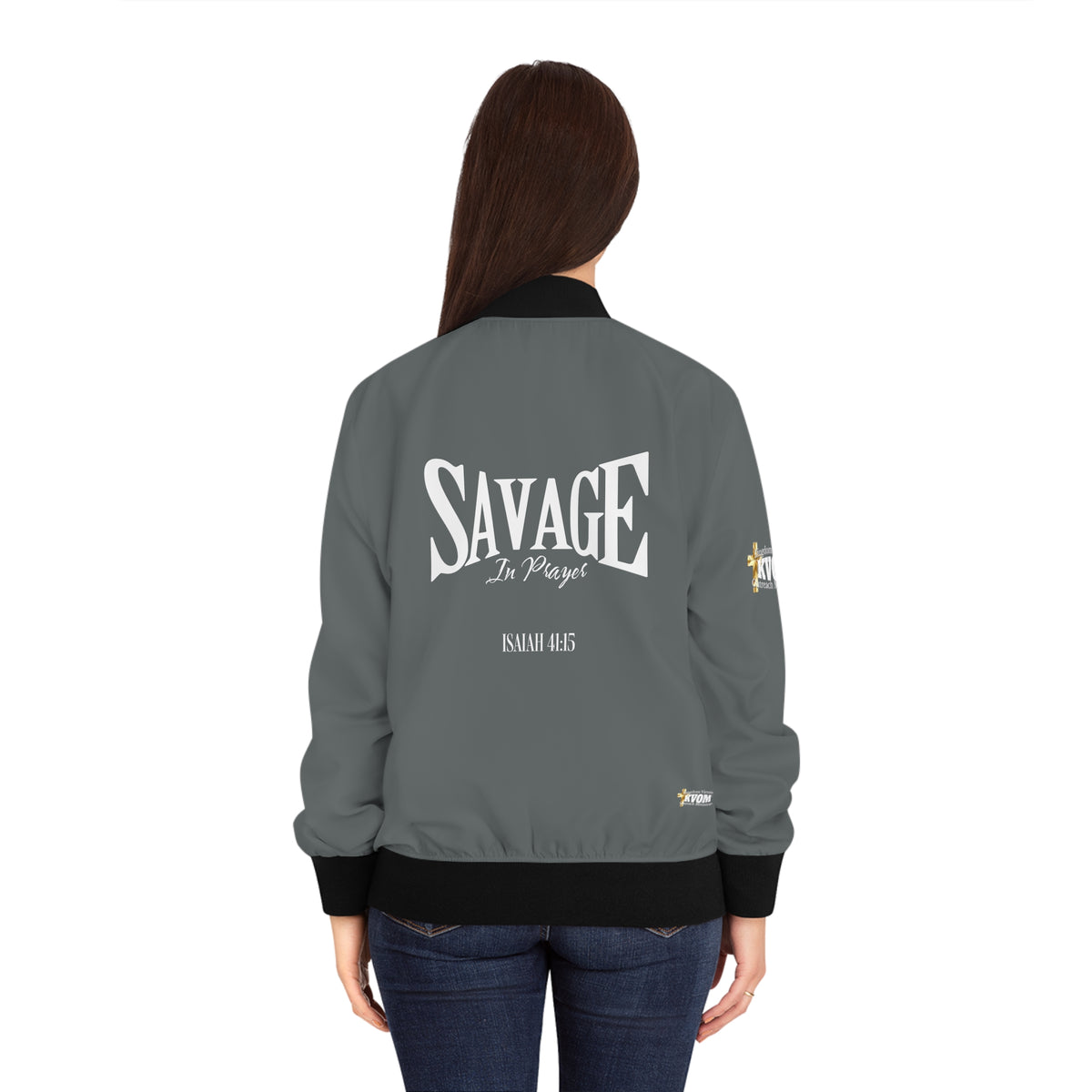 Savage in Prayer Women's Bomber Jacket, Strom Grey