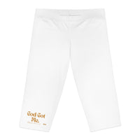 God Got Me Women's Mid-Length Leggings, White, Gold Logo