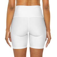 KVOM Logo High Waisted Activewear Shorts, White, Moses Temple Colored Logo