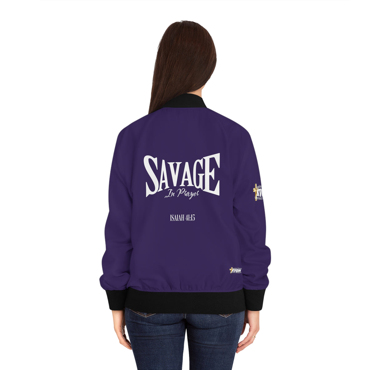 Savage in Prayer Women's Bomber Jacket, Eggplant