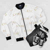 KVOM Logo Slant Bomber Jacket, Wht & Gold