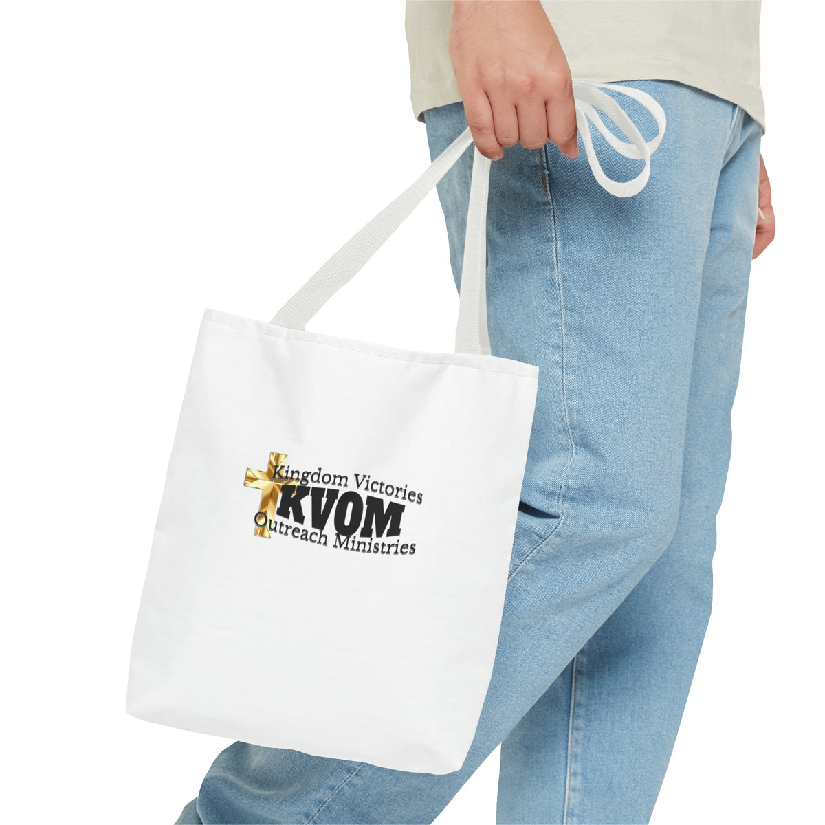 KVOM Logo Tote Bag, White, Black Logo