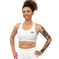 KVOM Side Logo Seamless Sports Bra, White, Black Logo