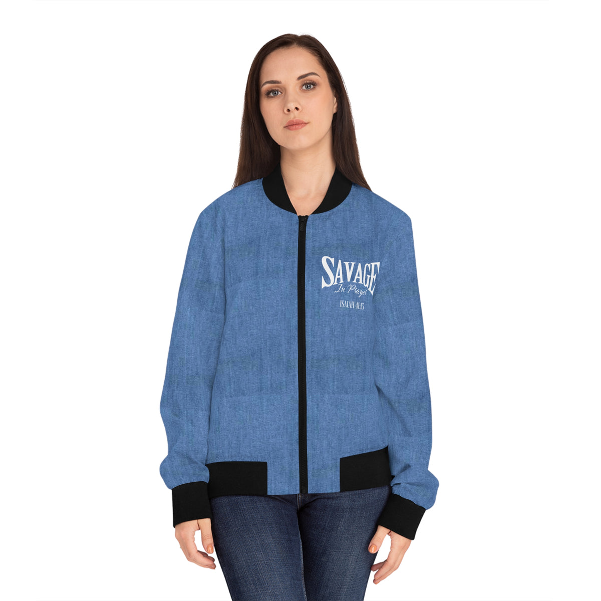 Savage in Prayer Women's Bomber Jacket, Mid Blue Denim