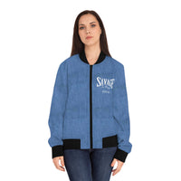 Savage in Prayer Women's Bomber Jacket, Mid Blue Denim