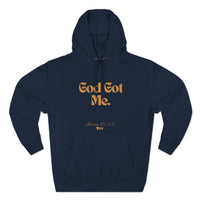 God Got Me Three-Panel Fleece Hoodie: Black, White, Gold Print