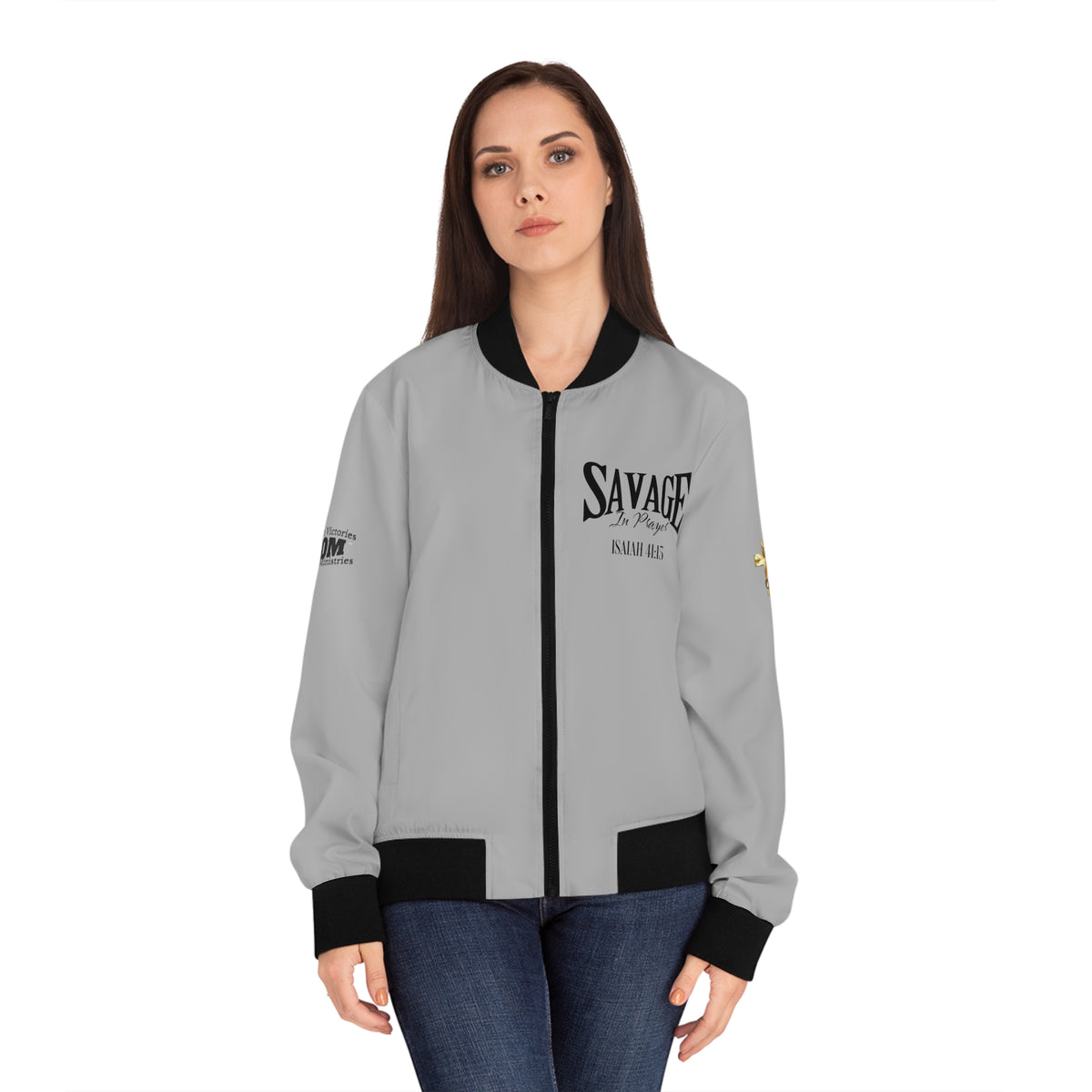 Savage in Prayer Women's Bomber Jacket, Silver