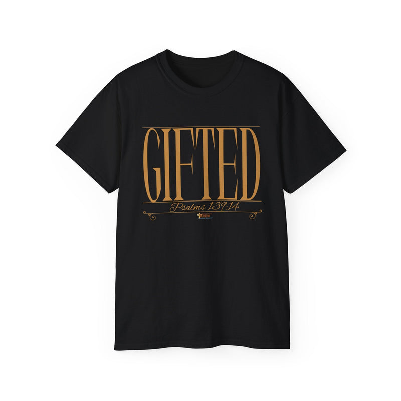 GIFTED "Stretched" Unisex T-Shirt Black, White, Gold Print-KVOM