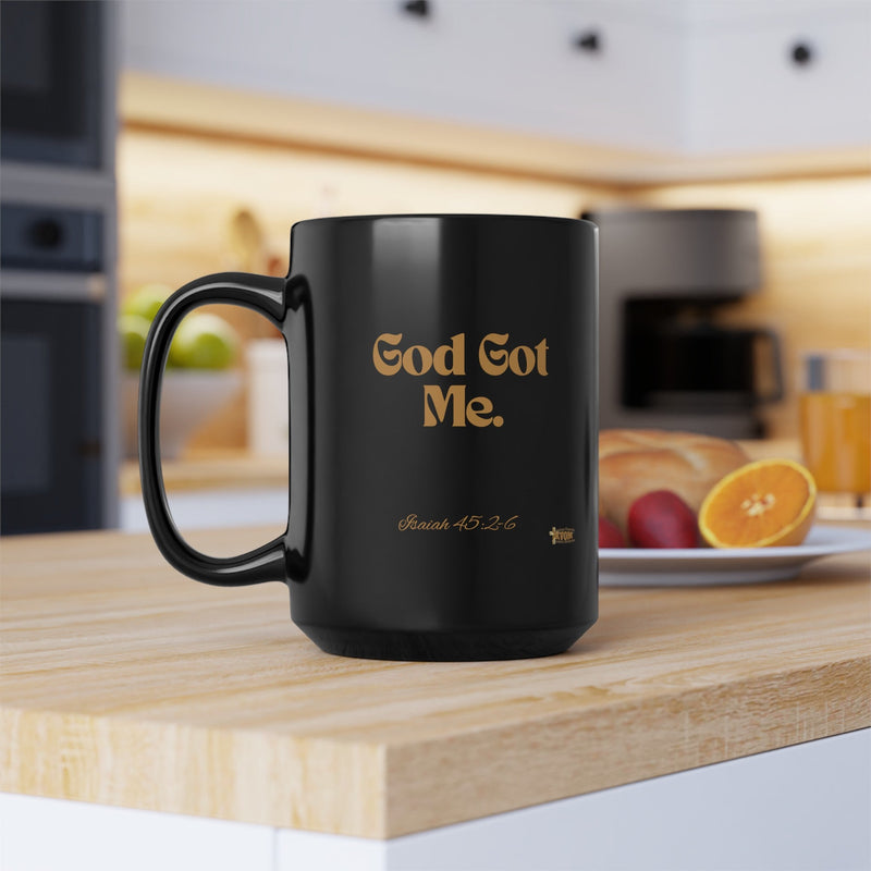 God Got Me Black Mug, 15oz, Gold Print