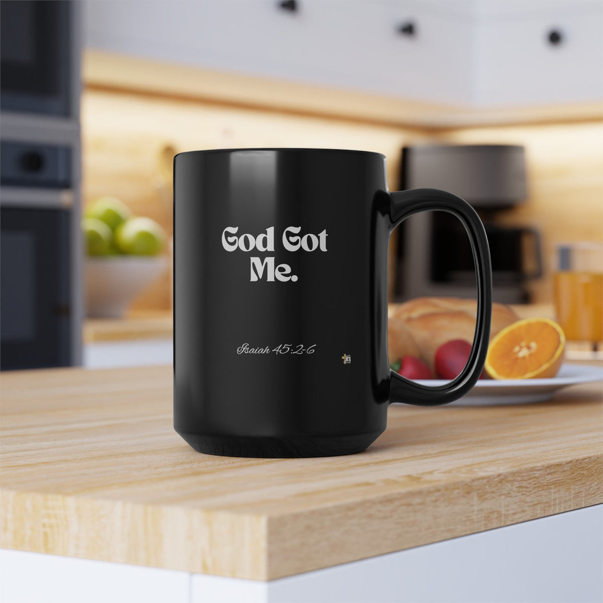 God Got Me Black Mug, 15oz White Print