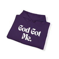 God Got Me Unisex Heavy Blend™ Hoodie, White Print-KVOM