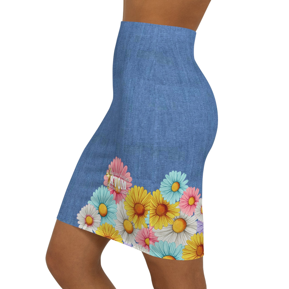 Jesus Is So Groovy Daisies Women's Mid-Waist Pencil Skirt Mid-Blue Denim-KVOM