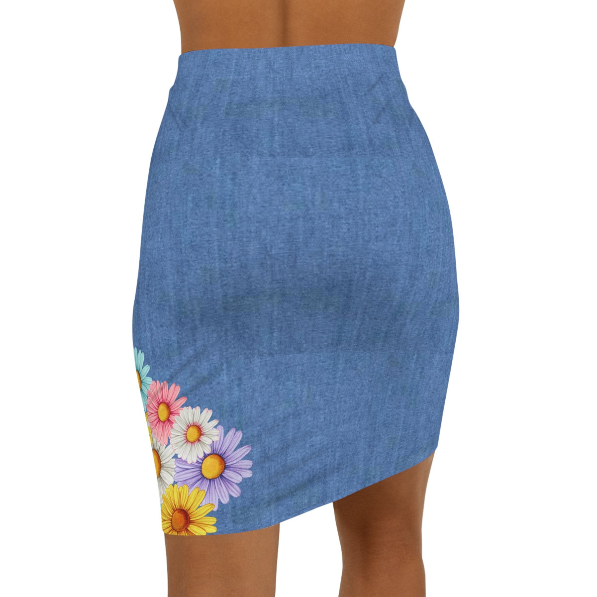 Jesus Is So Groovy Daisies Women's Mid-Waist Pencil Skirt Mid-Blue Denim-KVOM