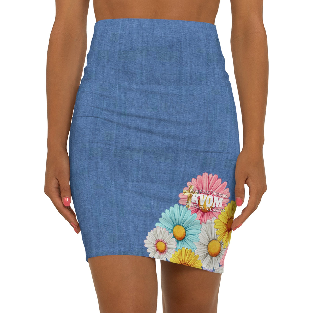 Jesus Is So Groovy Daisies Women's Mid-Waist Pencil Skirt Mid-Blue Denim-KVOM