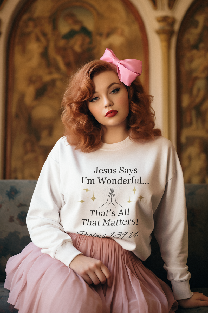 Jesus Says I'm Wonderful Women's Long Sleeve Tee, Antique White-KVOM; KVOM Christian Clothing; Women’s Clothing; Women's Vintage Clothing; Dainty Vintage; Women’s T-Shirts; Hoodies Sale; Ladies Tops; Ladies Dresses; Floral Tops; Floral Dresses; Flower Clothes; Activewear; Glorious; Psalms; Blessings On Blessings; Teens Clothing; Christian Book Store; Girl’s Clothing Sale; Mother’s Day Sale; Gifts For Sister; Christian Gifts; Gifts for Daughter; Spring Sale; Clearance Sale; Jesus; Christ Is King; Holy Ghost;