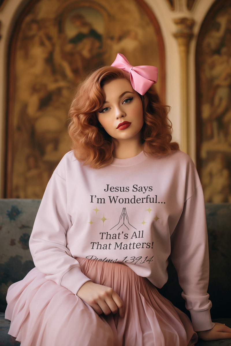 Jesus Says I'm Wonderful Women's Long Sleeve Tee, Pink Vintage Whisper-KVOM; KVOM Christian Clothing; Women’s Clothing; Women's Vintage Clothing; Dainty Vintage; Women’s T-Shirts; Hoodies Sale; Ladies Tops; Ladies Dresses; Floral Tops; Floral Dresses; Flower Clothes; Activewear; Glorious; Psalms; Blessings On Blessings; Teens Clothing; Christian Book Store; Girl’s Clothing Sale; Mother’s Day Sale; Gifts For Sister; Christian Gifts; Gifts for Daughter; Spring Sale; Clearance Sale; Jesus; Christ Is King; Holy