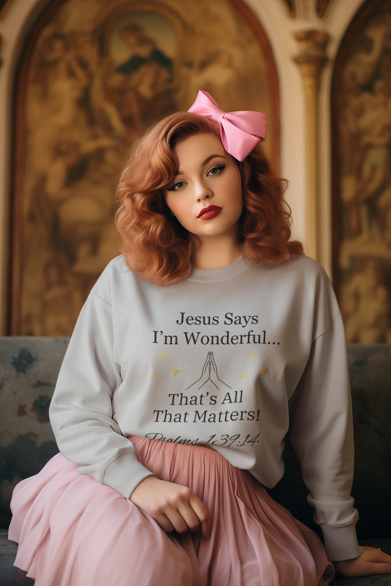 Jesus Says I'm Wonderful Women's Long Sleeve Tee, Vintage Silver-KVOM; KVOM Christian Clothing; Women’s Clothing; Women's Vintage Clothing; Dainty Vintage; Women’s T-Shirts; Hoodies Sale; Ladies Tops; Ladies Dresses; Floral Tops; Floral Dresses; Flower Clothes; Activewear; Glorious; Psalms; Blessings On Blessings; Teens Clothing; Christian Book Store; Girl’s Clothing Sale; Mother’s Day Sale; Gifts For Sister; Christian Gifts; Gifts for Daughter; Spring Sale; Clearance Sale; Jesus; Christ Is King; Holy Ghost