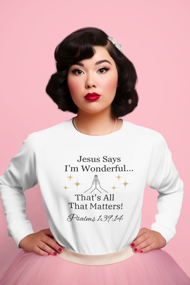 Jesus Says I'm Wonderful Women's Long Sleeve Tee, Vintage White-KVOM; KVOM Christian Clothing; Women’s Clothing; Women's Vintage Clothing; Dainty Vintage; Women’s T-Shirts; Hoodies Sale; Ladies Tops; Ladies Dresses; Floral Tops; Floral Dresses; Flower Clothes; Activewear; Glorious; Psalms; Blessings On Blessings; Teens Clothing; Christian Book Store; Girl’s Clothing Sale; Mother’s Day Sale; Gifts For Sister; Christian Gifts; Gifts for Daughter; Spring Sale; Clearance Sale; Jesus; Christ Is King; Holy Ghost;