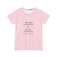 Jesus Says I'm Wonderful Women's Short Sleeve T-Shirt, Dainty Pink-KVOM; KVOM Christian Clothing; Women’s Clothing; Women's Vintage Clothing; Dainty Vintage; Women’s T-Shirts; Hoodies Sale; Ladies Tops; Ladies Dresses; Floral Tops; Floral Dresses; Flower Clothes; Activewear; Glorious; Psalms; Blessings On Blessings; Teens Clothing; Christian Book Store; Girl’s Clothing Sale; Mother’s Day Sale; Gifts For Sister; Christian Gifts; Gifts for Daughter; Spring Sale; Clearance Sale; Jesus; Christ Is King; Holy Gho