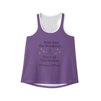 Jesus Says I'm Wonderful Women's Tank Top, Antique Purple-KVOM; KVOM Christian Clothing; Women’s Clothing; Women's Vintage Clothing; Dainty Vintage; Women’s T-Shirts; Hoodies Sale; Ladies Tops; Ladies Dresses; Floral Tops; Floral Dresses; Flower Clothes; Activewear; Glorious; Psalms; Blessings On Blessings; Teens Clothing; Christian Book Store; Girl’s Clothing Sale; Mother’s Day Sale; Gifts For Sister; Christian Gifts; Gifts for Daughter; Spring Sale; Clearance Sale; Jesus; Christ Is King; Holy Ghost; God G