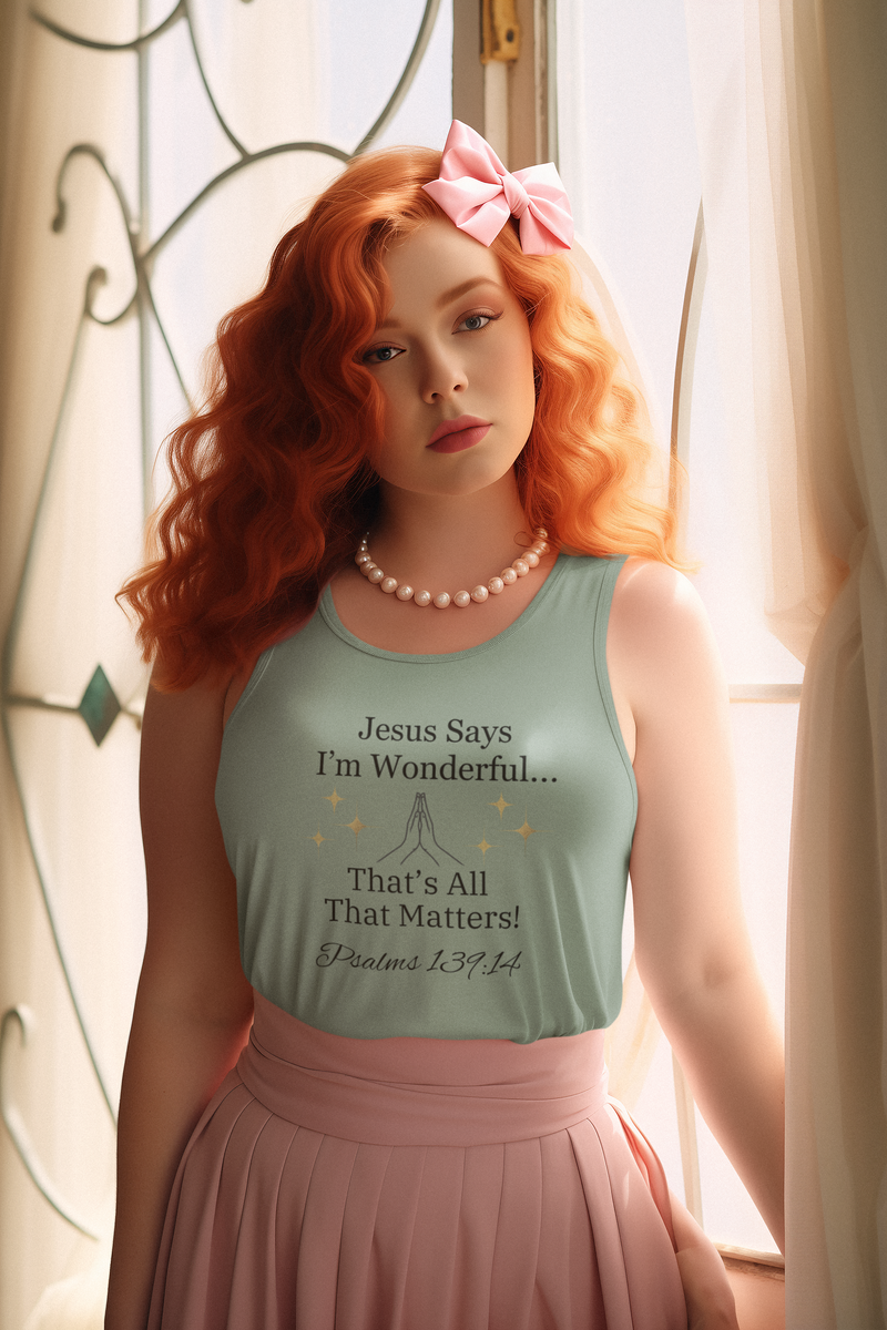 Jesus Says I'm Wonderful Women's Tank Top, English Green-KVOM; KVOM Christian Clothing; Women’s Clothing; Women's Vintage Clothing; Dainty Vintage; Women’s T-Shirts; Hoodies Sale; Ladies Tops; Ladies Dresses; Floral Tops; Floral Dresses; Flower Clothes; Activewear; Glorious; Psalms; Blessings On Blessings; Teens Clothing; Christian Book Store; Girl’s Clothing Sale; Mother’s Day Sale; Gifts For Sister; Christian Gifts; Gifts for Daughter; Spring Sale; Clearance Sale; Jesus; Christ Is King; Holy Ghost; God Go