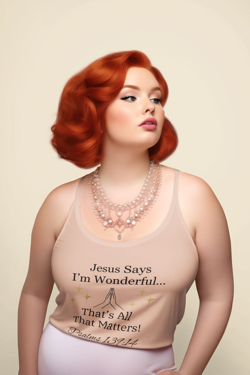 Jesus Says I'm Wonderful Women's Tank Top, English Peach-KVOM; KVOM Christian Clothing; Women’s Clothing; Women's Vintage Clothing; Dainty Vintage; Women’s T-Shirts; Hoodies Sale; Ladies Tops; Ladies Dresses; Floral Tops; Floral Dresses; Flower Clothes; Activewear; Glorious; Psalms; Blessings On Blessings; Teens Clothing; Christian Book Store; Girl’s Clothing Sale; Mother’s Day Sale; Gifts For Sister; Christian Gifts; Gifts for Daughter; Spring Sale; Clearance Sale; Jesus; Christ Is King; Holy Ghost; God Go