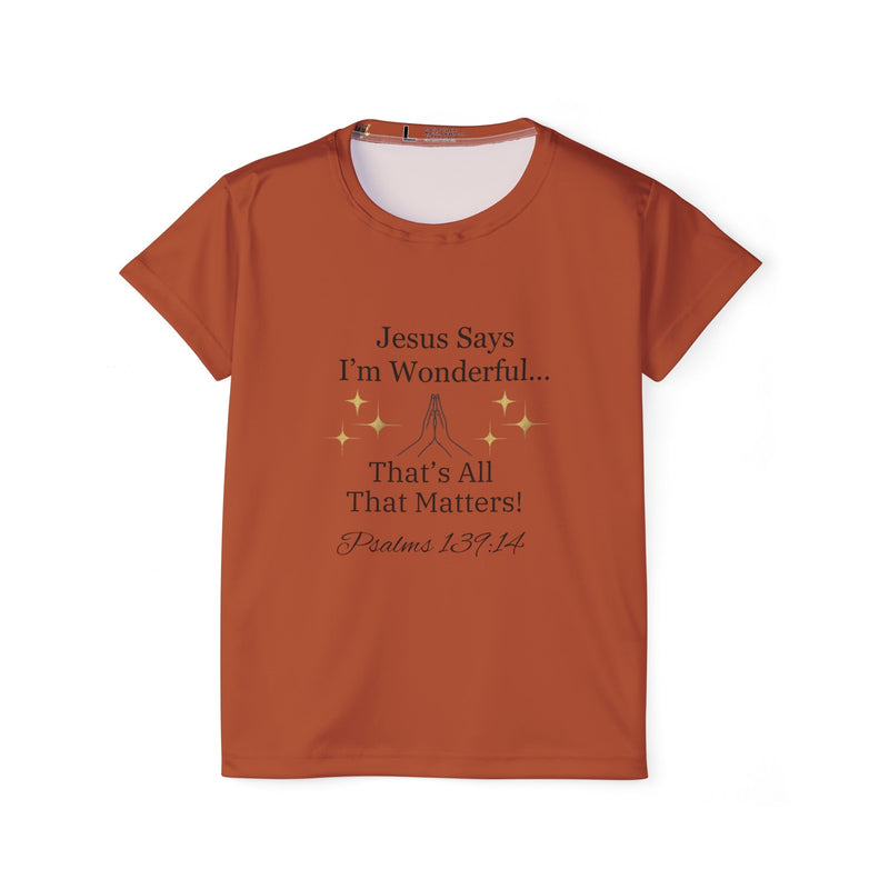 Jesus Says I'm Wonderful Women's Tee, Antique Auburn-KVOM; KVOM Christian Clothing; Women’s Clothing; Women's Vintage Clothing; Dainty Vintage; Women’s T-Shirts; Hoodies Sale; Ladies Tops; Ladies Dresses; Floral Tops; Floral Dresses; Flower Clothes; Activewear; Glorious; Psalms; Blessings On Blessings; Teens Clothing; Christian Book Store; Girl’s Clothing Sale; Mother’s Day Sale; Gifts For Sister; Christian Gifts; Gifts for Daughter; Spring Sale; Clearance Sale; Jesus; Christ Is King; Holy Ghost; God Got Me