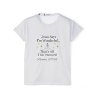 Jesus Says I'm Wonderful Women's Tee, Antique Silver-KVOM; KVOM Christian Clothing; Women’s Clothing; Women's Vintage Clothing; Dainty Vintage; Women’s T-Shirts; Hoodies Sale; Ladies Tops; Ladies Dresses; Floral Tops; Floral Dresses; Flower Clothes; Activewear; Glorious; Psalms; Blessings On Blessings; Teens Clothing; Christian Book Store; Girl’s Clothing Sale; Mother’s Day Sale; Gifts For Sister; Christian Gifts; Gifts for Daughter; Spring Sale; Clearance Sale; Jesus; Christ Is King; Holy Ghost; God Got Me