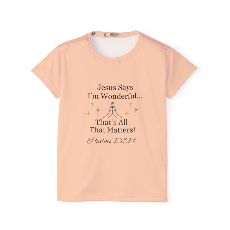 Jesus Says I'm Wonderful Women's Tee, English Biscuit Beige-KVOM; KVOM Christian Clothing; Women’s Clothing; Women's Vintage Clothing; Dainty Vintage; Women’s T-Shirts; Hoodies Sale; Ladies Tops; Ladies Dresses; Floral Tops; Floral Dresses; Flower Clothes; Activewear; Glorious; Psalms; Blessings On Blessings; Teens Clothing; Christian Book Store; Girl’s Clothing Sale; Mother’s Day Sale; Gifts For Sister; Christian Gifts; Gifts for Daughter; Spring Sale; Clearance Sale; Jesus; Christ Is King; Holy Ghost; God